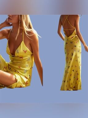 Anthropologie Yellow Silk Butterfly Cutout Maxi Dress NWT XS Graduation Dress